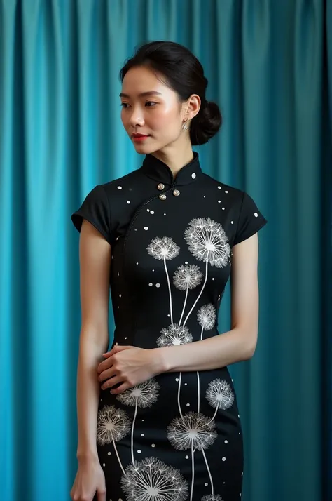 Woman man black Cheongsam  dandelion 
Ocean-blue Curtain background 