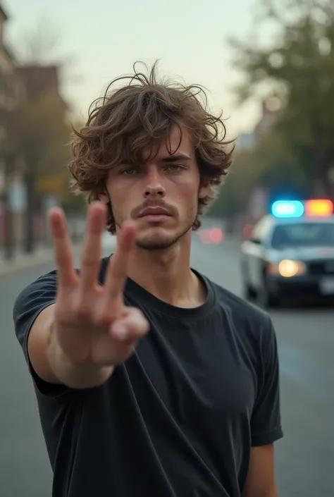  white guy with curly hair giving finger to police car for profile picture 