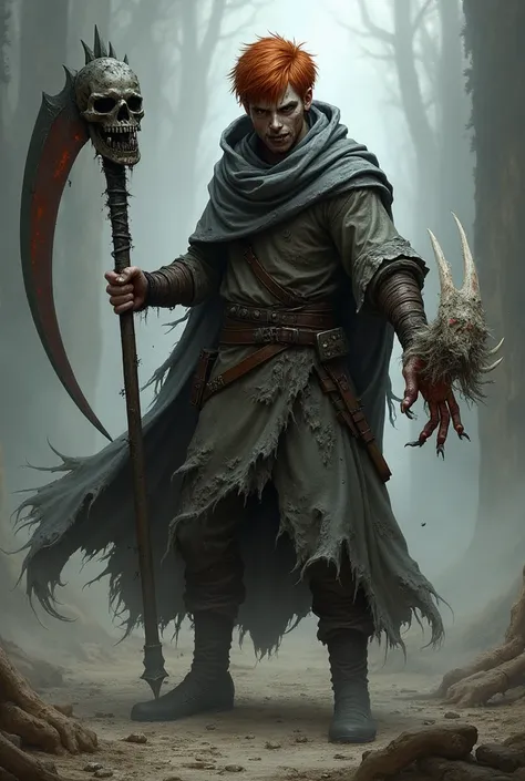 Young male, medium red hair, gray damaged cloak, warlock, holding one-handed scythe with a skull by the blade, commoner clothing, beaten up, broken bone mask, werwolf transformed hand, casting spell, one black eye