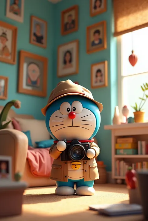 Doraemon wearing a detective outfit holding a camera taking pictures in a rented room a room full of pictures, and 3d paper