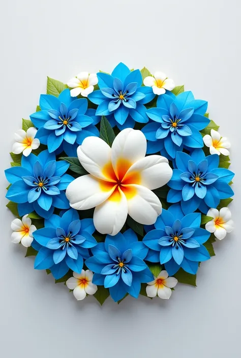 onam pookalam, full of blue and white flowers, cute, HDR 4K, miniature, detailed baground white, view from top, simple design