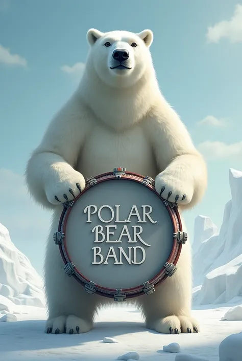 White polar bear holding a large snare drum that says POLAR BEAR BAND