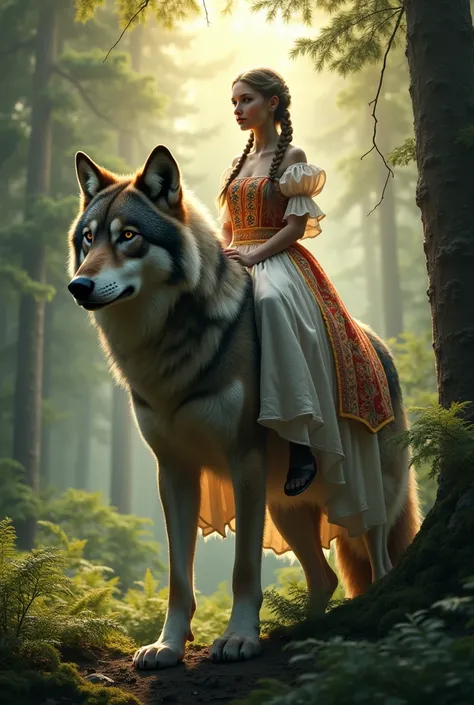 Woman in classic Russian dress and braids sits on a huge wolf in the forest 