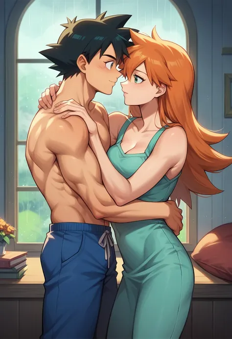 1boy, black hair, short hair, brown eyes, hair between eyes, ash ketchum, shirtless, blue pants, handsome boy, macho, good looking boy, muscular boy 1girl, misty pokémon, orange hair, long hair, hair down, green eyes, short dress, pretty, beautiful girl, c...