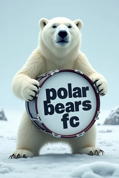 White polar bear holding a large snare drum that says POLAR BEARS FC inside