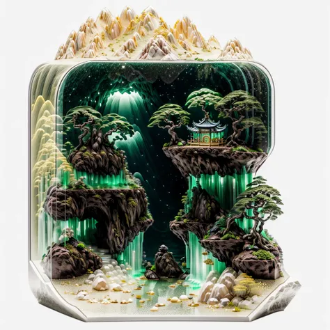 reality,3d rendering,practical,miniature,bonsai in a box，palace on the moon， golden,golden decoration,圆环 led 柔性light strip,fluor...