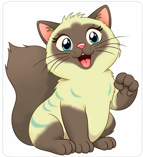 a cute cartoon kitten sitting playfully, featuring large expressive eyes and a cheerful smile, with soft, rounded features. The kitten has a light gray and white fur pattern, accentuated by darker blue stripes. The background is simple and white to keep th...