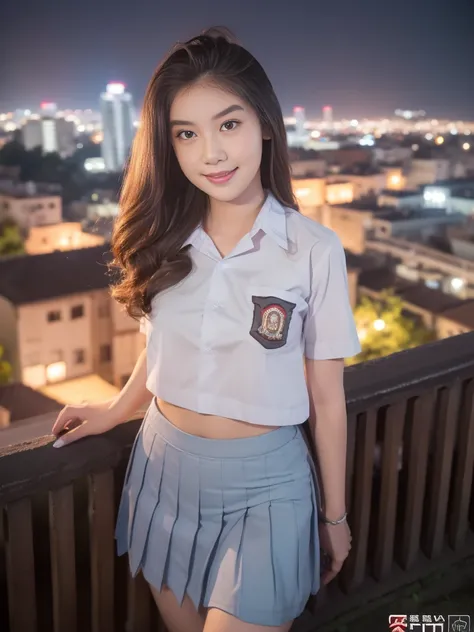 1girl, solo, 1 girl, (indonesian_high_school_uniform), standing, outdoors, night view, detailed metropolitan city at the backgro...