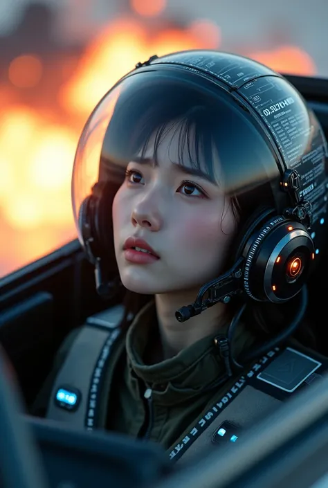 documentary photo, Ultra-realistic, Photorealistic, Beautiful Japanese teenage Woman, very beautiful face like an idol, very cute face, Translucent white skin, The cockpit of the latest military fighter jet, Look up diagonally, fly in the sky, gas mask, Fo...