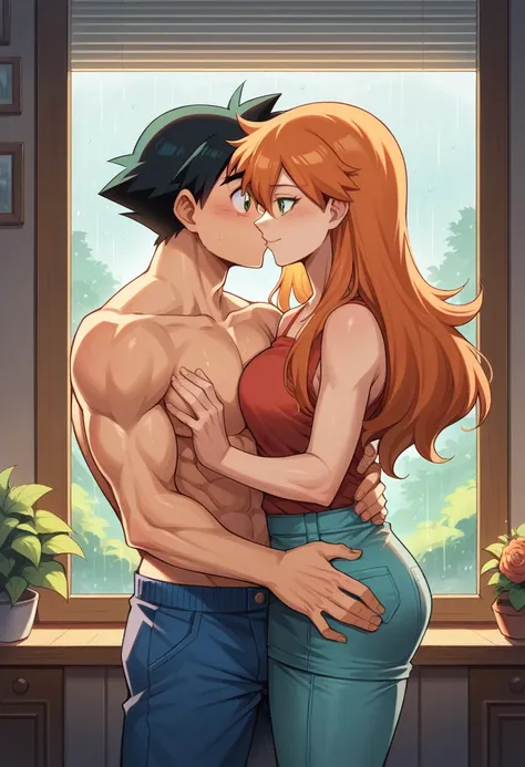 1boy, black hair, short hair, brown eyes, hair between eyes, ash ketchum, shirtless, blue pants, handsome boy, macho, good looking boy, muscular boy 1girl, misty pokémon, orange hair, long hair, hair down, green eyes, short dress, pretty, beautiful girl, c...