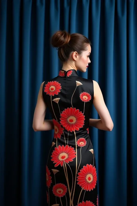 Woman man black Cheongsam  red dandelion 
Dark blue Curtain  background 