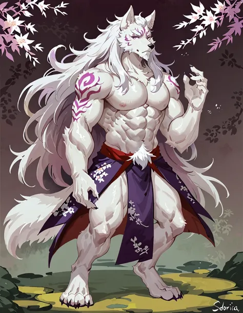 male wolf anthro, white hair, long hair, solo, by sdorica, japanese outfit, markings, beard, purple eyes, divine, pure white body, athletic, feet