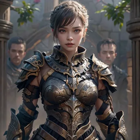 A woman wearing ancient battle armor、Serious expression、Short-haired、Deadly position, Gorgeous Necklace,   Beautiful and Enchanting Woman, Realistic and perfect body, Perfect body with realistic shadows, A woman with reptilian eyes and fangs：1.5、8k