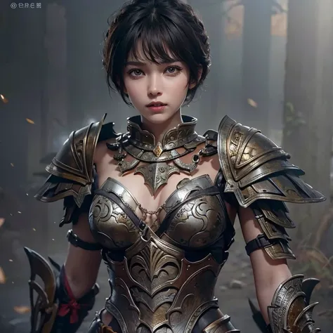 A woman wearing ancient battle armor、Serious expression、Short-haired、Deadly position, Gorgeous Necklace,   Beautiful and Enchanting Woman, Realistic and perfect body, Perfect body with realistic shadows, A woman with reptilian eyes and fangs：1.5、8k