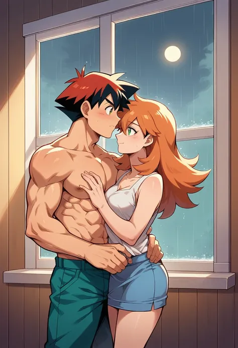 1boy, black hair, short hair, brown eyes, hair between eyes, ash ketchum, shirtless, blue pants, handsome boy, macho, good looking boy, muscular boy 1girl, misty pokémon, orange hair, long hair, hair down, green eyes, short dress, mini skirt, pretty, beaut...