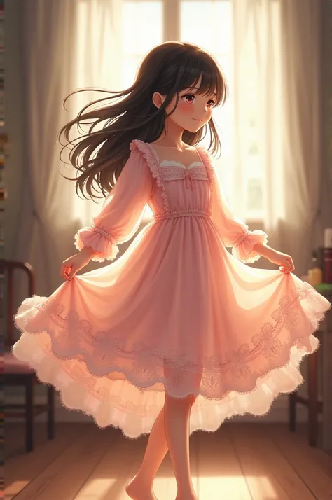 A Japanese girl is playing with her nightgowns