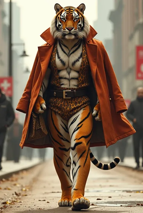 well dressed, high, muscular tiger, well dressed, fashionable tiger with big breasts walks around