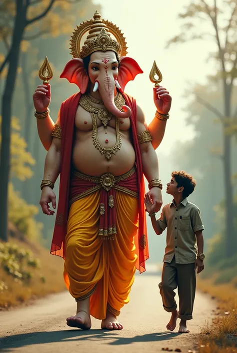 Create a realistic image a 20-year-men named "santosh" Lord Ganesha, depicted as a towering divine figure with his elephant head and four arms, walks alongside a man. The man is dressed shirt and pant .his hands hold Ganesha is adorned with ornate jewelry,...