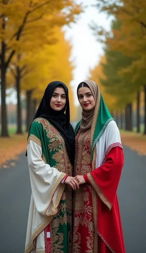 Photo of two tall Iranian women, the woman on the right is fully veiled and has a veil on her head, she has beautiful black eyes, there is a plaque on her veil that is the flag of the country of Iran, the woman on the left is wearing white, red and green c...