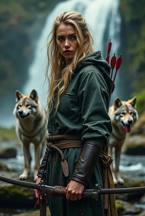 portrait of a beautiful women highly detailed,taylor swift，close-up,Face shot,Midium shot,half body，(film grain),cinematic lighting,Portrait,DSLR,1girl,in forest,female warrior, Chutney hoodie，some wet muddy on hoodie，pants,a litle bloodstains wrapped arou...