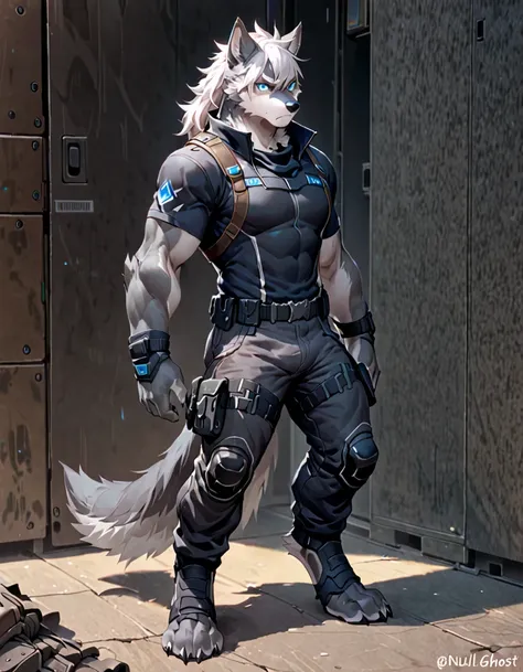 male wolf anthro, white hair, solo, by null-ghost, blue eyes, grey body, digitigrade feet, pants, black modern mercenary outfit, thin, serious, 