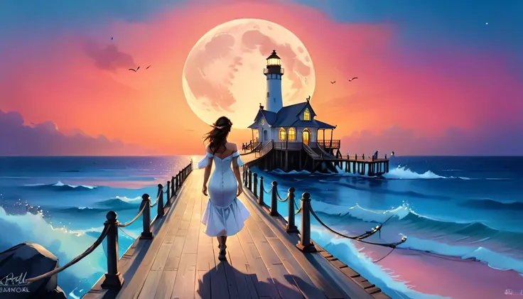 a fantasy pier at sunset a beautiful bride walking down the pier, the moon is rising there are star in the sky, there is light h...