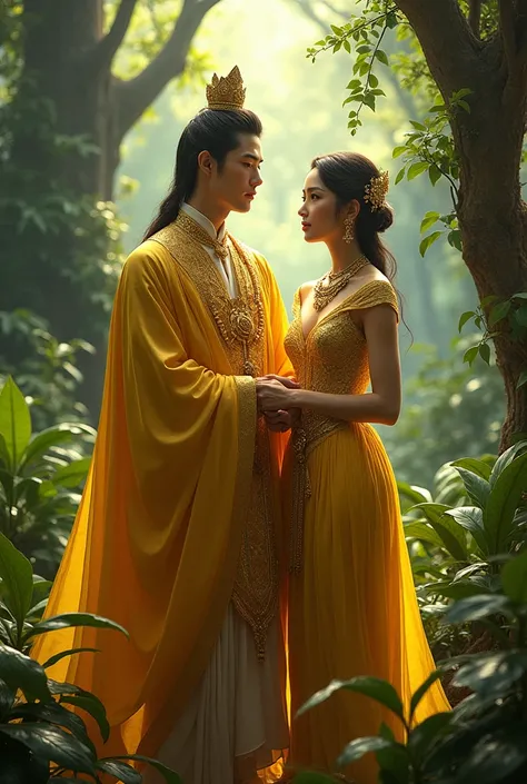 Ancient Thailand king and queen golden gown in the forest