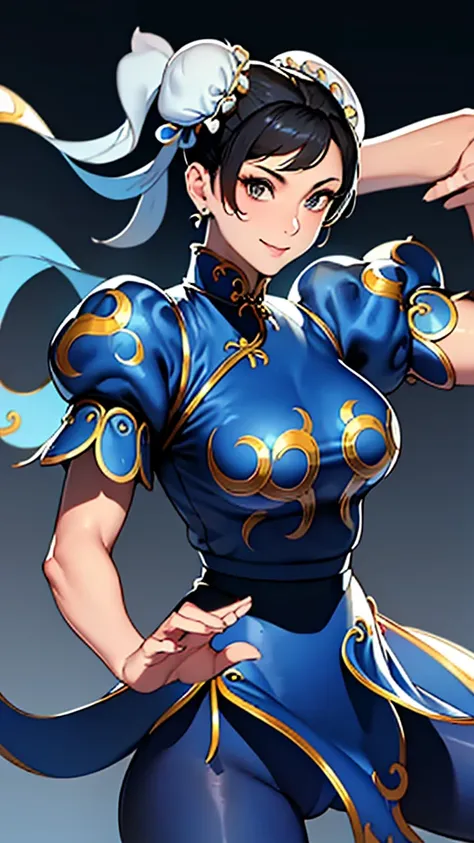 ((Chun-Li,ponytail,blue Leggings:1.3)),upper body, Looking at the audience,Slim and sexy figure, the best quality, (8k), (4K),(masterpiece), (the best quality), Extremely detailed, Game CG, Ultra Detailed, illustration, Beautiful Body,Beautiful nose, Perfe...