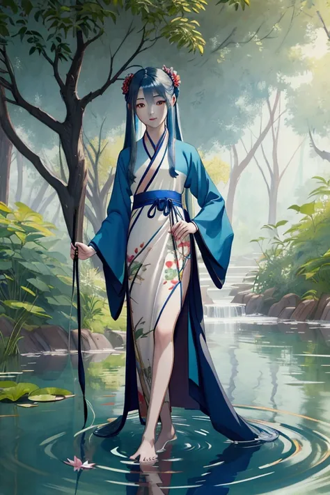 ((4K,masterpiece,Highest quality)), Long, narrow eyes, Chinese painting, Lotus, Hanfu, Maxi Kit, Dress Open, Beautiful Boy, alone, Long Blue Hair, smile, Are standing, Soak your feet in water, barefoot,