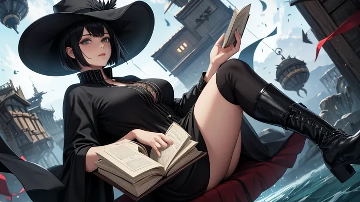 a woman reading a grimoire, black hat, black boots, black long cardigan, white dress, black hair, short bob, floating books