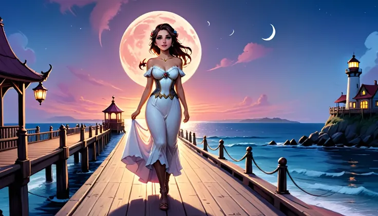 a fantasy pier at sunset a beautiful bride walking down the pier, the moon is rising there are star in the sky, there is light house at the end of the pier, romantic atmosphere , Hyperrealism style, rpg portrait
photograph