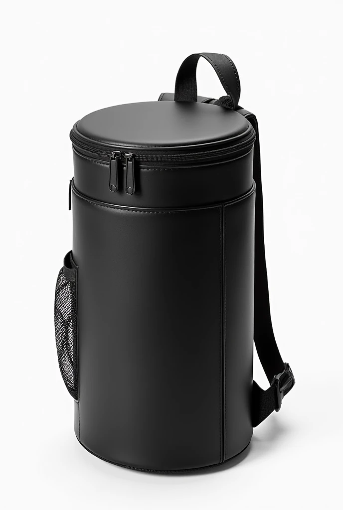 black cylindrical shoulder bag with zipper on top for bowl compartment, side mesh pocket and front pocket 