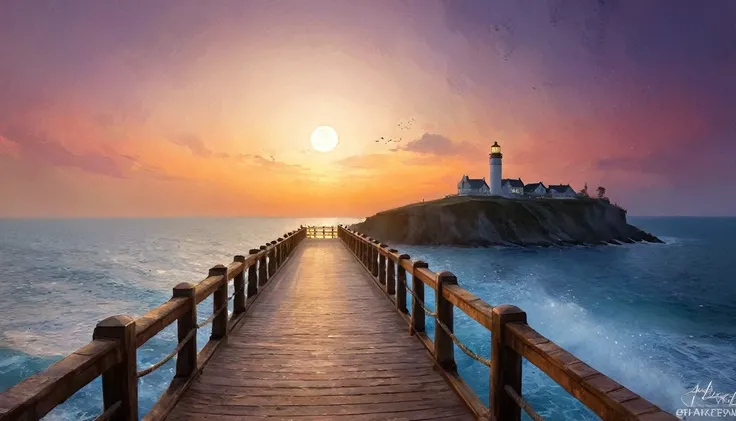 a fantasy pier at sunset a beautiful bride walking down the pier, the moon is rising there are star in the sky, there is light house at the end of the pier, romantic atmosphere , Hyperrealism style