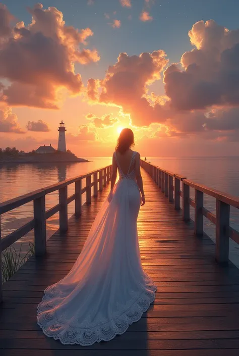 a fantasy pier at sunset a beautiful bride walking down the pier, the moon is rising there are star in the sky, there is light house at the end of the pier, romantic atmosphere , Hyperrealism style