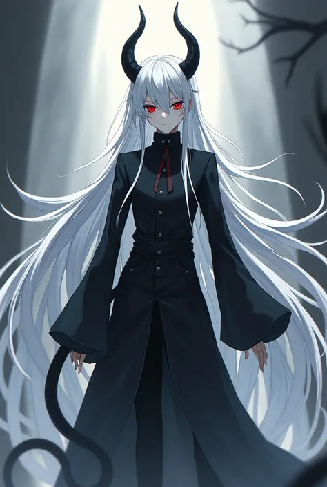 a white haired anime boy with black scleras red irises , pale skin with a slimb body ,his height is about 2 meter tall ,(the hair is long it ends about on his knees) , 30 cm long black demon horns and a long black demon tail