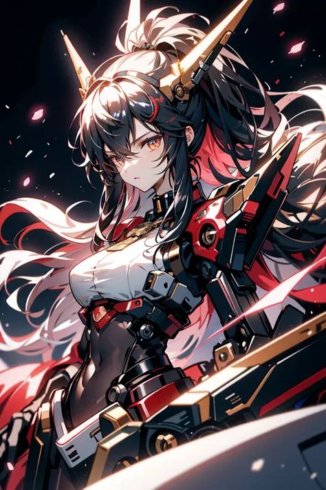 black hair，Long hair，Holding two swords，Mecha Girl，whole body(best quality, Detailed background, high resolution, ridiculous, bloom, disheveled hair, shiny hair, exposed to light, High and cold, Focused and meticulous gaze)Seductive girl，Thin waist，Big ，Lo...