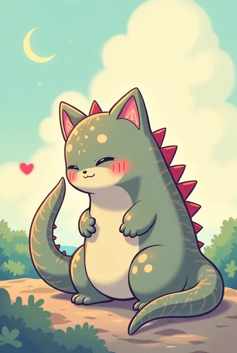 I would like to request an anime style illustration of Godzilla, but with a kawaii twist. The idea is that Godzilla is represented as a female neko. (with cat ears and tail) in an adorable version. I want it to keep characteristic elements of Godzilla, lik...