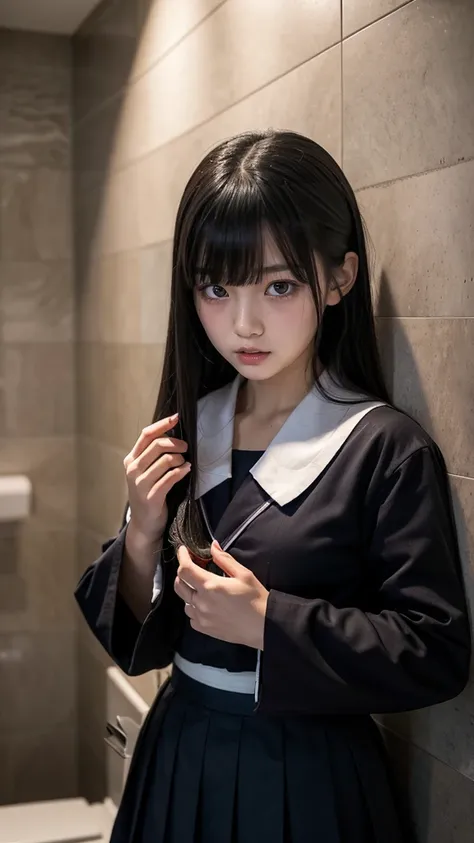 空  
Create an ultra-realistic 8K resolution image of a Japanese schoolgirl based on the urban legend of "Toire no Hanako-san," transforming her into the ultimate horror while retaining her core features. She has pale, porcelain-like skin that contrasts sta...