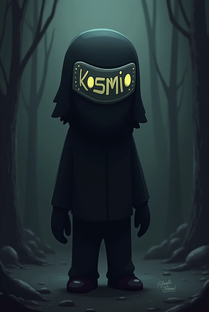 A dark faceless cartoon man with a mask that says kosmic 