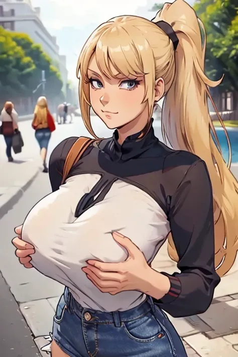 Busty, massive boobs, giant breasts, red checkered sleeved shirt, jeans, tall, blonde, ponytail with side bangs, smirk, in street, boob grab