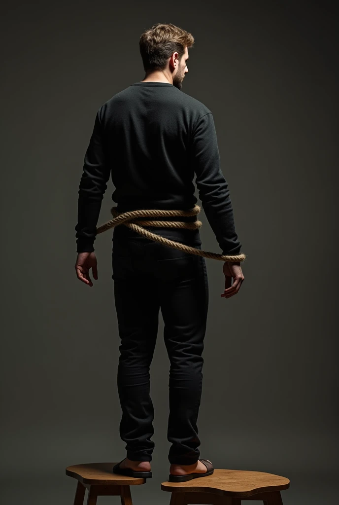 Generate a (highly realistic) image of a man standing on a wooden stool, facing to the right, from an eye-level camera angle. He is wearing a black sweater and pants, his hands are tightly bound at back by a thick rope. His expression is calm yet subtly de...