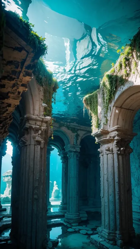 Rococo ruins in the Crystal Caves:The architecture of a declining civilization:Italy:Mysterious, clear blue sea:Optics:Stone pillars and walls，Shot by a professional photographer,Photos featured by National Geographic,The buildings built by ancient people ...