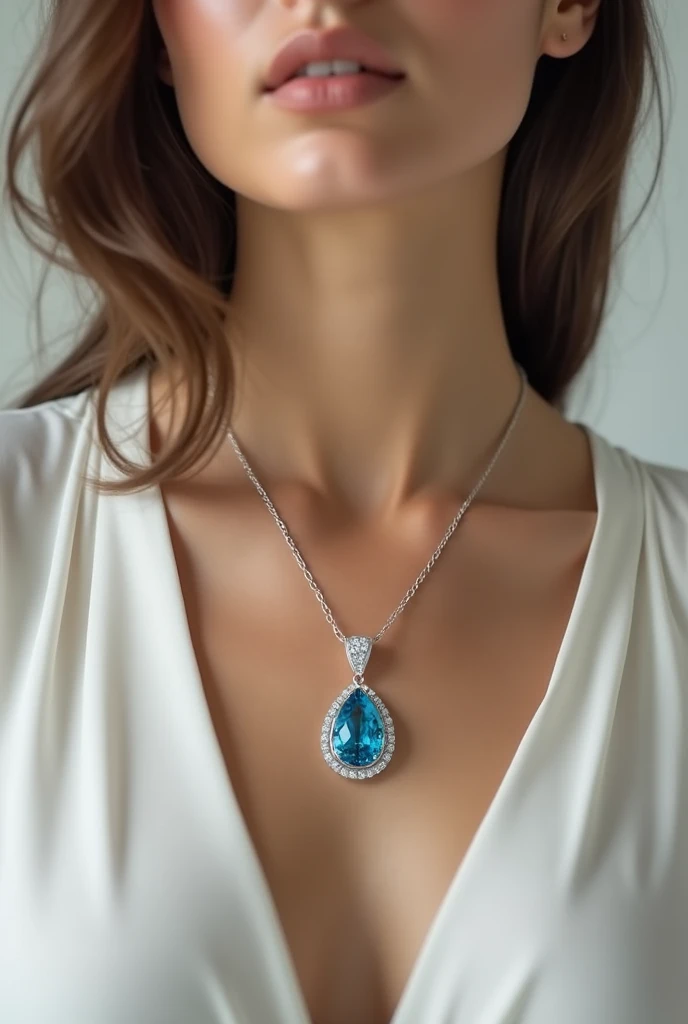 "Create a high-quality image of a woman wearing a blue topaz-studded silver pendant surrounded by small, sparkling diamonds. The pendant should rest elegantly on her neck, with the diamonds adding a luxurious touch that enhances the topazs vibrant blue. Th...