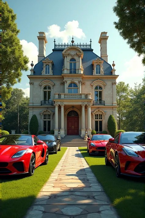 A big mansion with luxury cars and bikes 