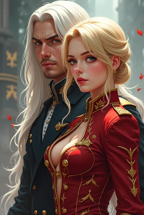 Wattpad Cover Dedicated to Novel by Impossibly Beautiful Young Femme Fatale, Incredibly beautiful blonde, Princess of Venus and General of the Earth Army, At all, Beautiful, stately, masculine mature man with long straight platinum hair. anime style.

