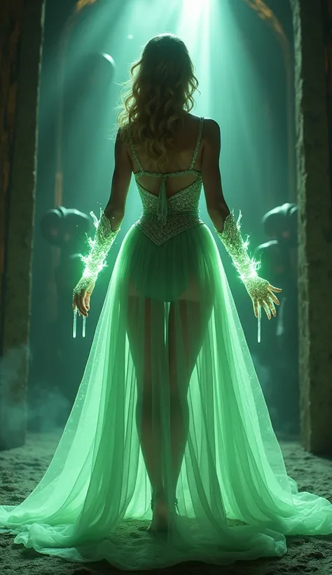 Sexy Cinderella with ‘original dresscolor with organza see-through fabric’ ‘leg spread’ standing in the middle of images , 

right hand wearing magic Glass-gloves with Time-space-Green Aura glowing, 

left hands holding Angelic-White Soul-Crystal-long Comp...