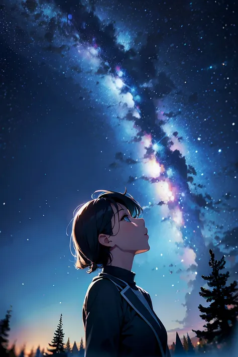 Outside night starry sky woman looking up