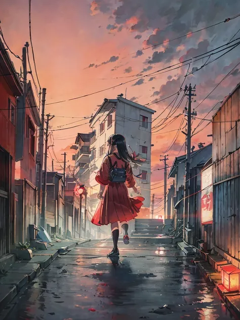 sailor suit、evening、red sky、Girl in sailor suit、black haired、concrete、residential street、nostalgic、electric wire、utility pole、reddish lighting、flowers fallen on the road、walk on the road