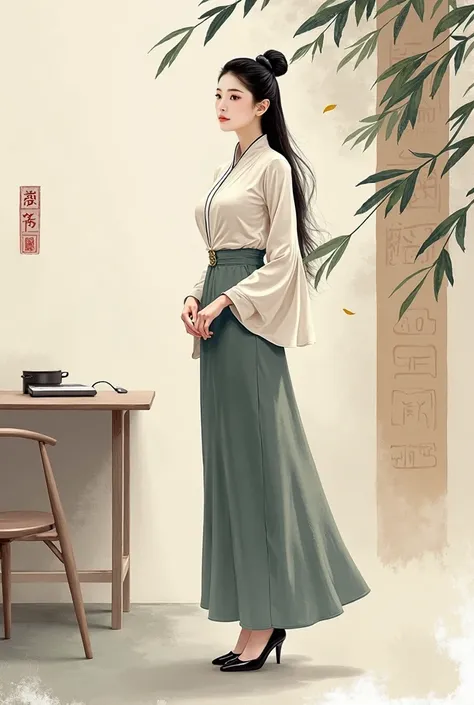 an office lady ,traditional Chinese painting 