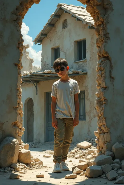 A 1 boy stands in front of a broken house in torn pants, a white shirt, white shoes, sunglasses, and his hands on the wall.